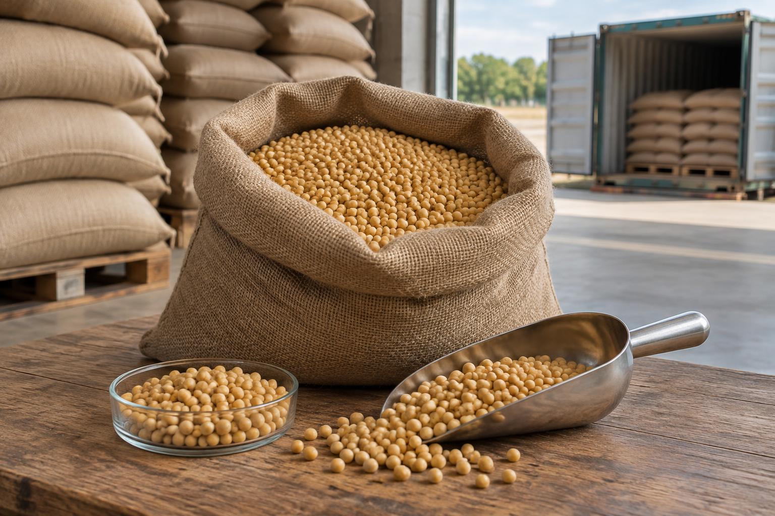 Representative AI-generated dry yellow pea sample, grain sacks and freight container